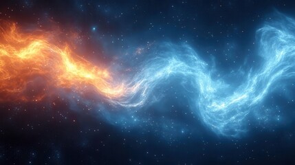 A vibrant cosmic scene depicting swirling orange and blue nebulae against a dark starry background, representing the beauty of the universe.