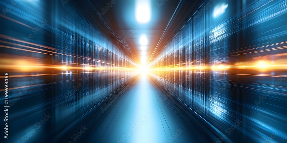 Poster a futuristic data center with rows of servers, showcasing light trails and a bright focal point at t