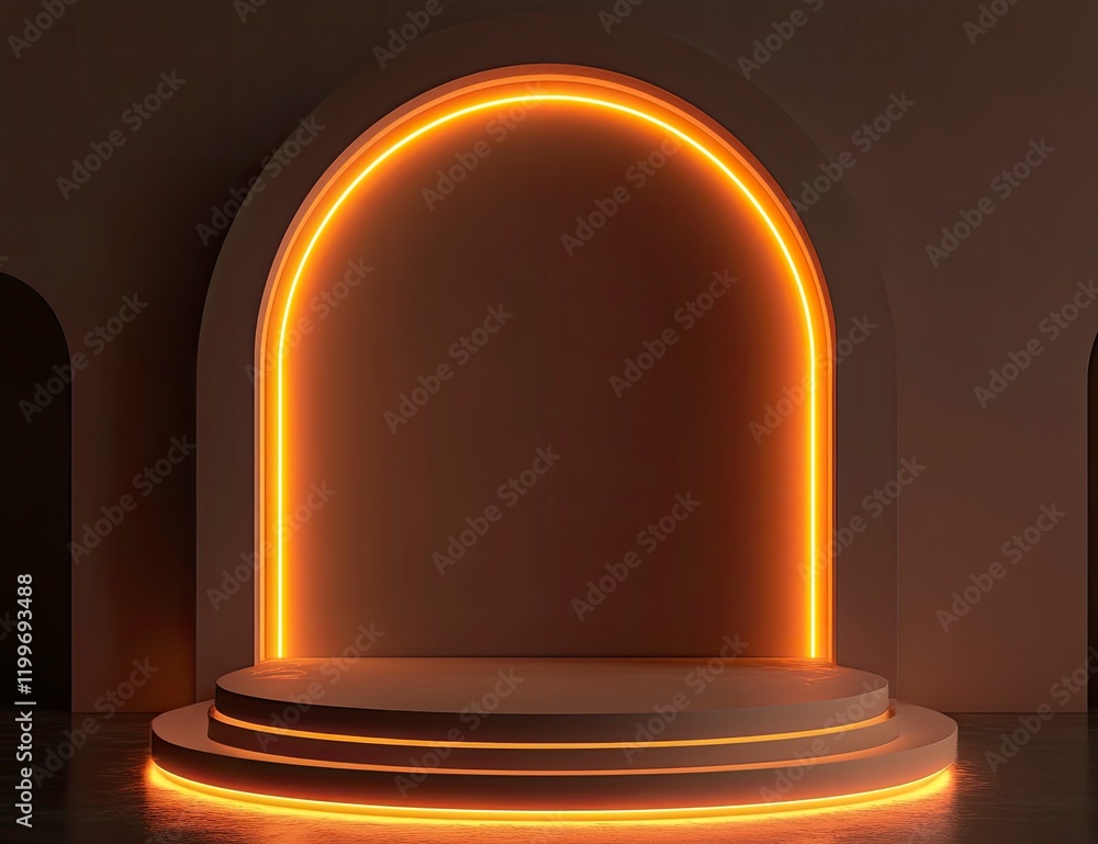Poster 3d render of a podium with a glowing light line background, a vector presentation design mockup temp