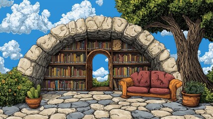 Cozy Outdoor Reading Nook with Stone Arch and Lush Greenery