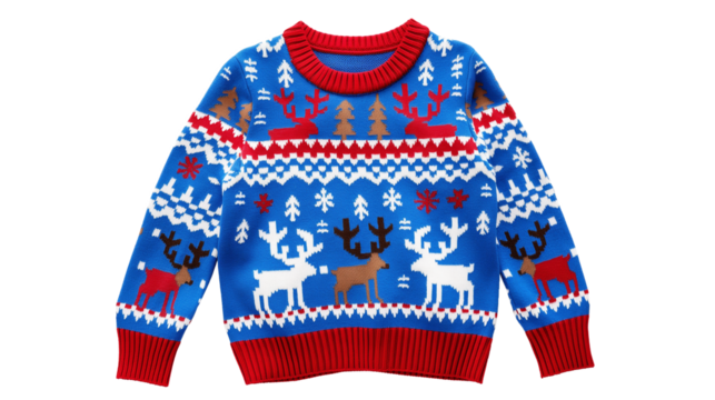 A blue and red sweater with reindeer on it isolated on white and transparent background, cut out png