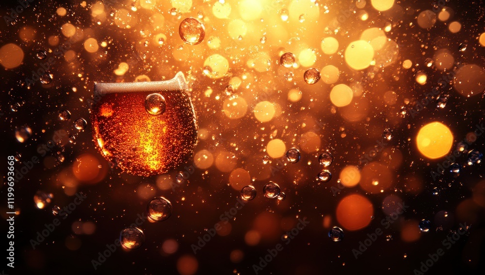 Aufkleber glimmering glass of beer surrounded by sparkling bubbles and soft warm lights creating an inviting a