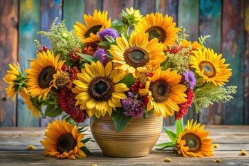 A lush floral display featuring an abundance of sunflowers in varying sizes and hues, placed in a decorative vase, pink, decoration