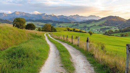 Muddy trails and scenic adventures. Scenic dirt path winding through lush green fields and mountains.