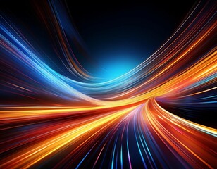 abstract background with colorful light trails on dark blue yellow and orange colors speed motion blur effect curved lines and futuristic design