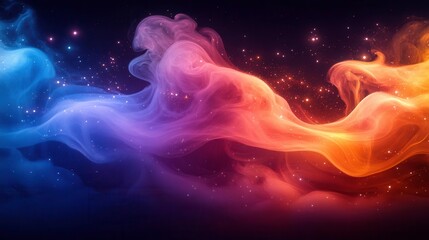 Obraz premium A vibrant swirl of colorful smoke flows through a dark background, blending hues of blue, purple, and orange, creating a mesmerizing visual effect.