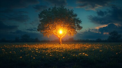 Fototapeta premium Glowing tree in a field at sunset.