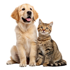 Golden retriever puppy and tabby cat sitting together, friendship animals isolated on white or transparent background, two domestic animals together, friendship portrait of funny playful dog and kitty