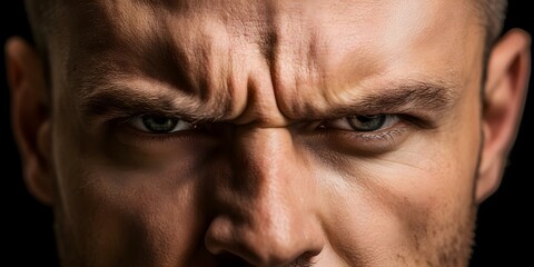 Fototapeta premium A close-up of a person’s face displaying intense emotions, with furrowed brows and piercing eyes. Concept Intense Emotions, Facial Expressions, Close-up Photography, Furrowed Brows, Piercing Eyes