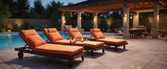 Obraz premium A cozy outdoor seating area with a BBQ grill and pool beds, patio, barbecue grill, lounging