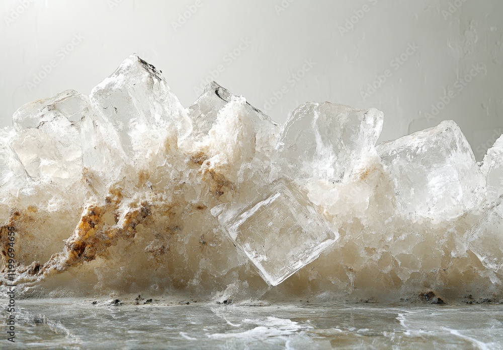 Poster ice cubes and natural rock salt on a wet surface creating a unique still life composition with a fre