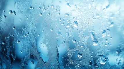 A close-up view of water droplets on a glass surface, creating a misty, blue ambiance that evokes a sense of freshness and tranquility.