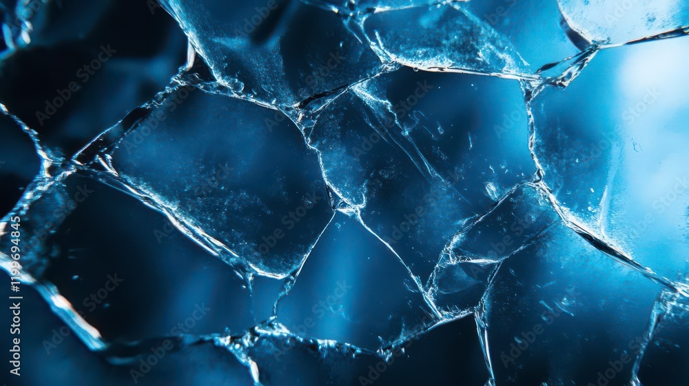 Poster a close-up of shattered glass, showcasing intricate patterns and a striking blue background, emphasi