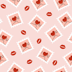 Seamless pattern with postage stamp and kiss, lip print. Valentine's Day. Love, romance, relationships. Vector illustration