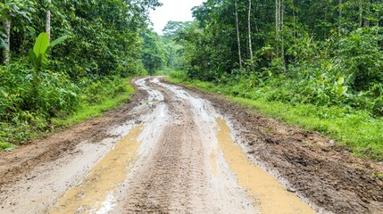 Obraz premium Muddy trails and scenic adventures. Winding muddy road surrounded by lush greenery in a forested area.