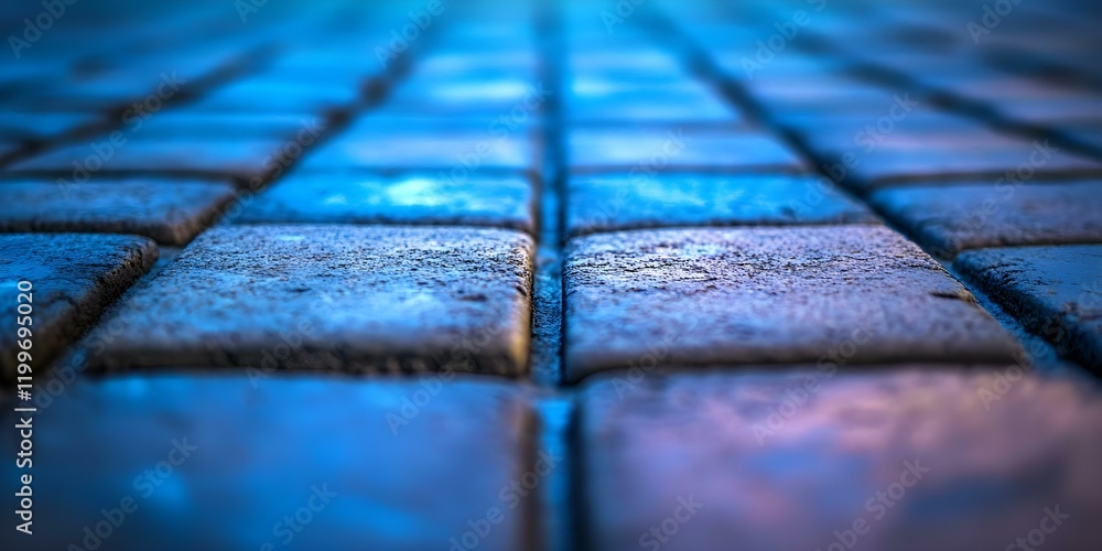 Poster a close-up view of cobblestone pavement with a focus on the textured surface, illuminated by blue li