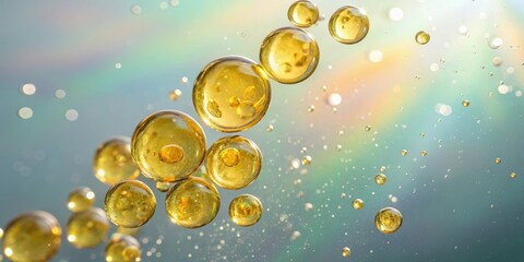 A collection of yellow molecules suspended in mid-air against a gradient-like abstract background with shimmering iridescent particles, fluidity, iridescence, suspension, background