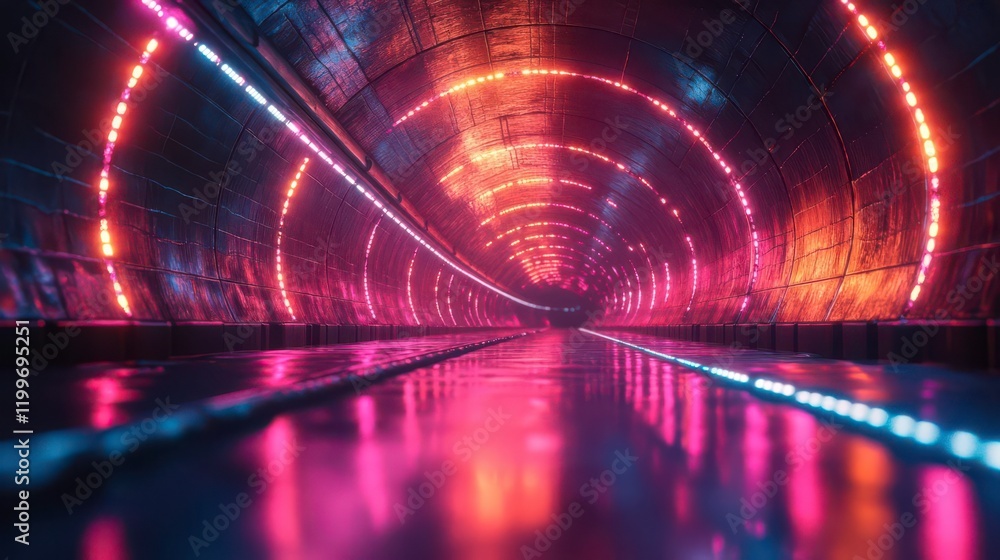 Aufkleber a vibrant, futuristic tunnel illuminated by colorful neon lights, reflecting on a smooth surface, cr