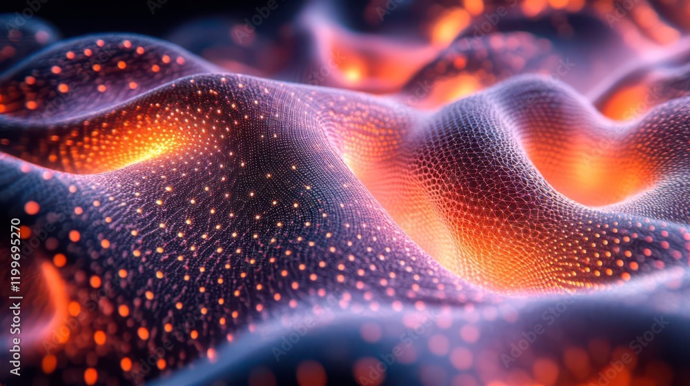 Poster a vibrant, abstract depiction of flowing waves illuminated by glowing particles, creating a dynamic,