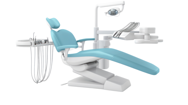 Modern dental chair with blue upholstery in a clean, professional dental office environment, ready for patient treatment.