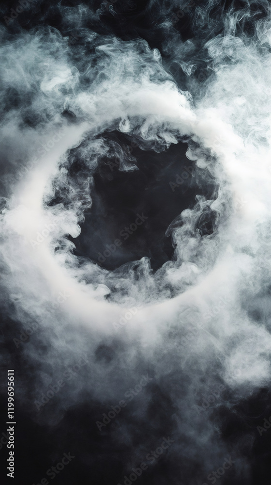 Poster white smoke swirling and creating a perfect circle on a black background, perfect for graphic resour