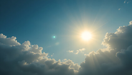 Golden Sun with Radiant Rays and Clouds in Blue Sky Generative AI