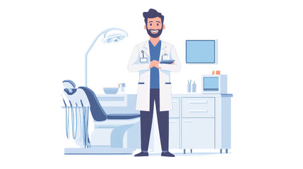 A friendly male dentist stands confidently in a modern dental office, showcasing a welcoming atmosphere for patients with dental care needs.
