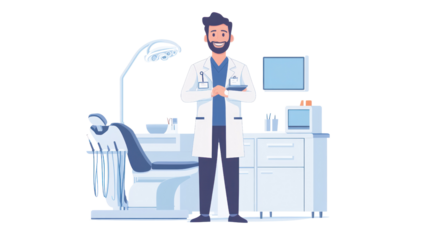 A friendly male dentist stands confidently in a modern dental office, showcasing a welcoming atmosphere for patients with dental care needs.