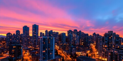 Fototapeta premium A vibrant city skyline at sunset, featuring tall buildings illuminated against a colorful sky with hues of pink, purple, and blue. Concept City Skyline at Sunset, Vibrant Colors