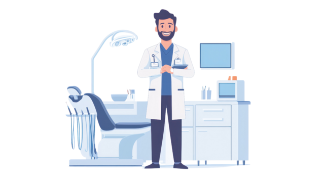 A friendly male dentist stands confidently in a modern dental office, showcasing a welcoming atmosphere for patients with dental care needs.