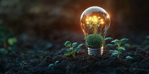 A lightbulb filled with green seedlings symbolizes eco-friendly innovation, sustainability, and renewable energy. Ideal for environmental campaigns or green business branding.