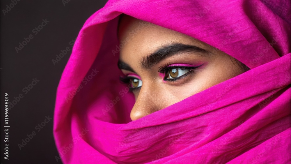 Poster A mysterious portrait features a person whose brow and cheek are partially hidden by a billowy neon fuchsia wrap. The vivid color envelops them in a vibrant aura pulling focus to