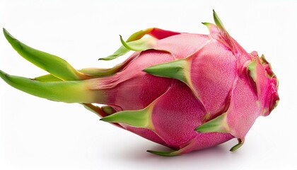 fresh whole pink dragon fruit with green spikes isolated on white