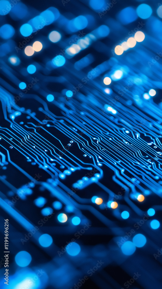 Fototapete Close-up of electronic circuit board illuminated in blue, creating a bokeh effect, symbolizing technological advancement