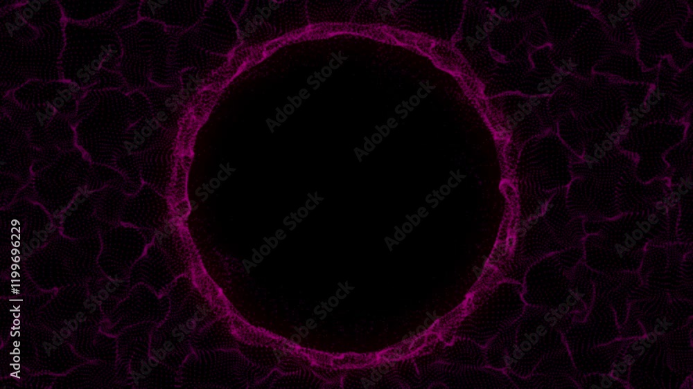 Poster abstract pink sphere in the wave on black background. wormhole or speed tunnel technology. wireframe