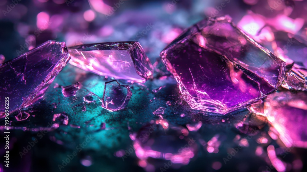 Poster the image features vibrant, fragmented shards of glass reflecting a mix of purple and teal hues, cre