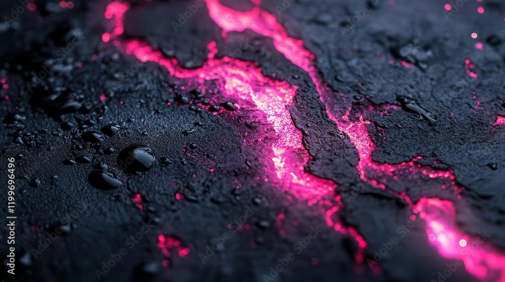 Poster a close-up view of a dark surface with glowing pink cracks, creating a striking contrast and an othe