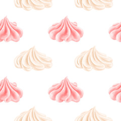 Seamless pattern with pink sweet strawberry cream in the shape of a rose. A delicious meringue dessert. Decor for cakes and pies for holidays and parties. Hand-drawn illustrations, background