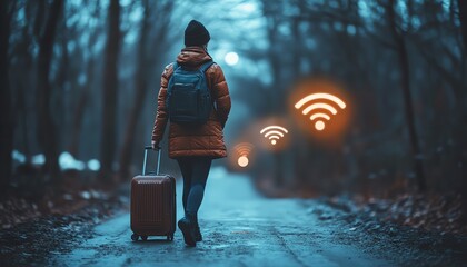 Traveler with suitcase, facing a virtual location marker and wifi symbol, capturing the digital age of travel, navigation, and technological advancements