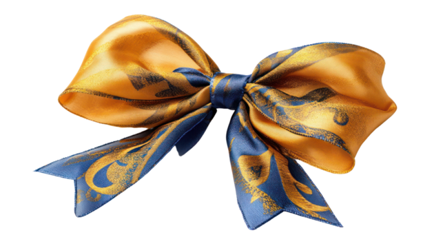 A vibrant orange and blue decorative bow featuring intricate patterns, perfect for gift wrapping or event decorations, isolated on a white background.
