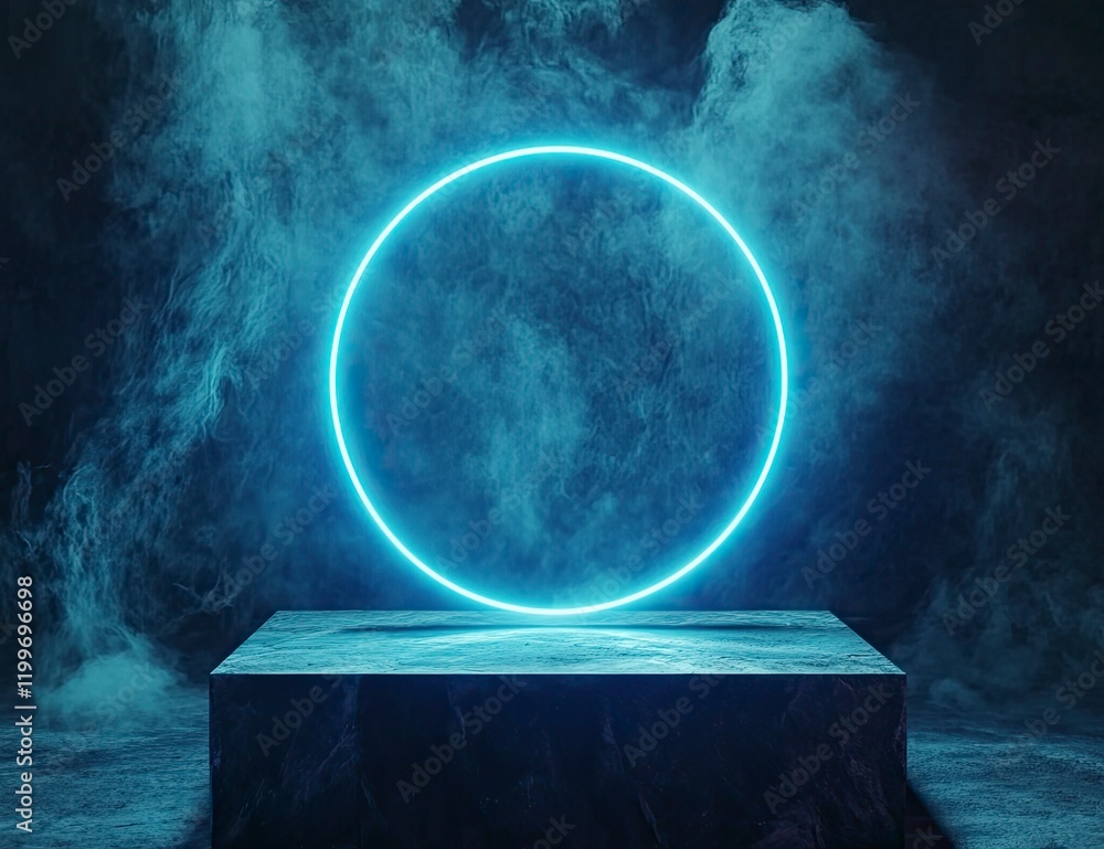 Poster 3d render of an abstract background with a blue neon light ring on a podium display in a minimal roo