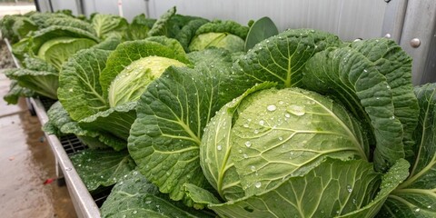 A bunch of fresh green cabbages with water droplets clinging to their leaves in a humid environment, water droplets, green produce