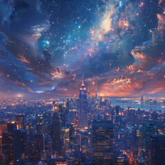 Fototapeta premium A surreal night scene with a city skyline and a galaxy-like structure in the background, creating a blend of urban architecture and cosmic wonders The city is illuminated, a river - AI-Generated