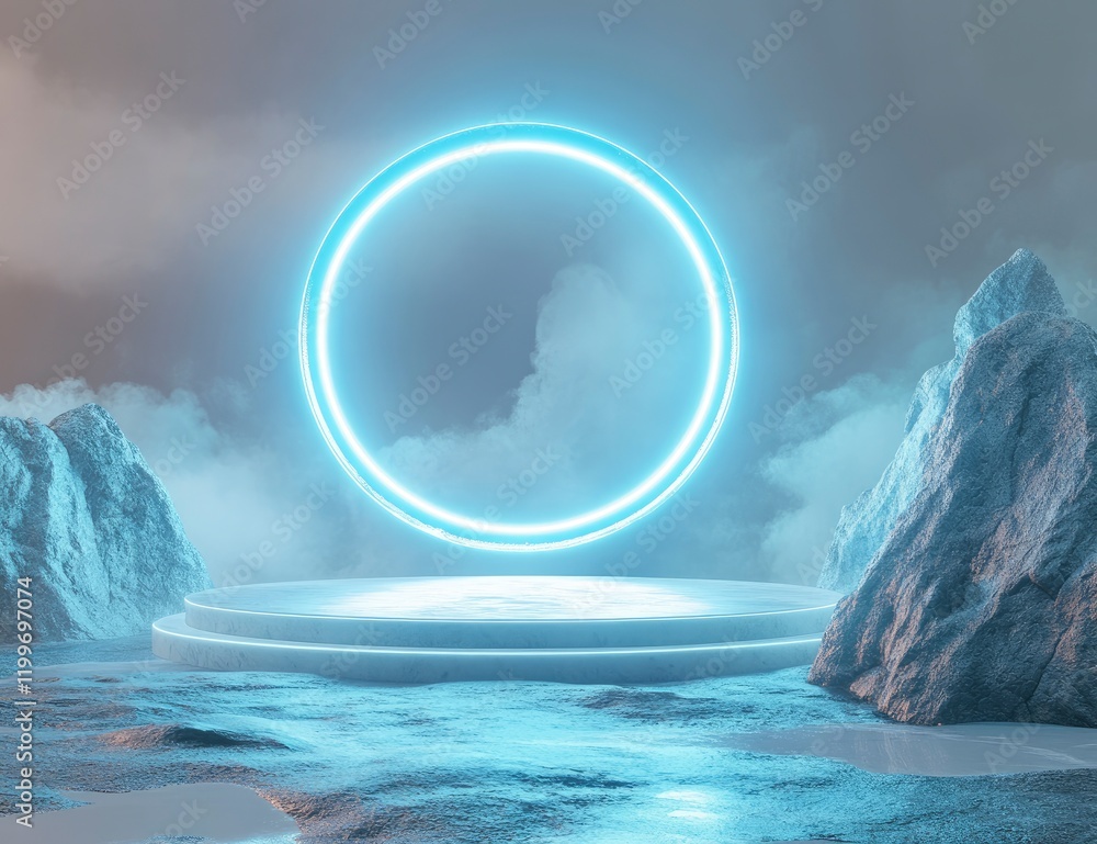 Poster 3d render of an abstract background with a blue neon light ring on a podium display in a minimal roo