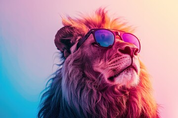 A regal lion sporting regal shades, ideal for editorial use.blank templated, rule of thirds, space for text, isolated white background neon light, extreme right, rule of third © sayan