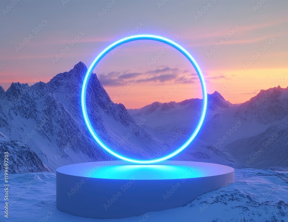 Poster 3d render of an abstract background with a blue neon light ring on a podium display in a minimal roo