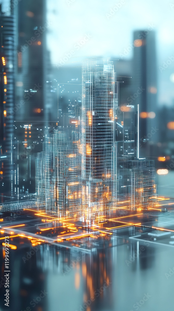 Poster holographic projection of a futuristic smart city illuminating urban infrastructure and transforming