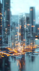 Fototapeta premium Holographic projection of a futuristic smart city illuminating urban infrastructure and transforming digital information