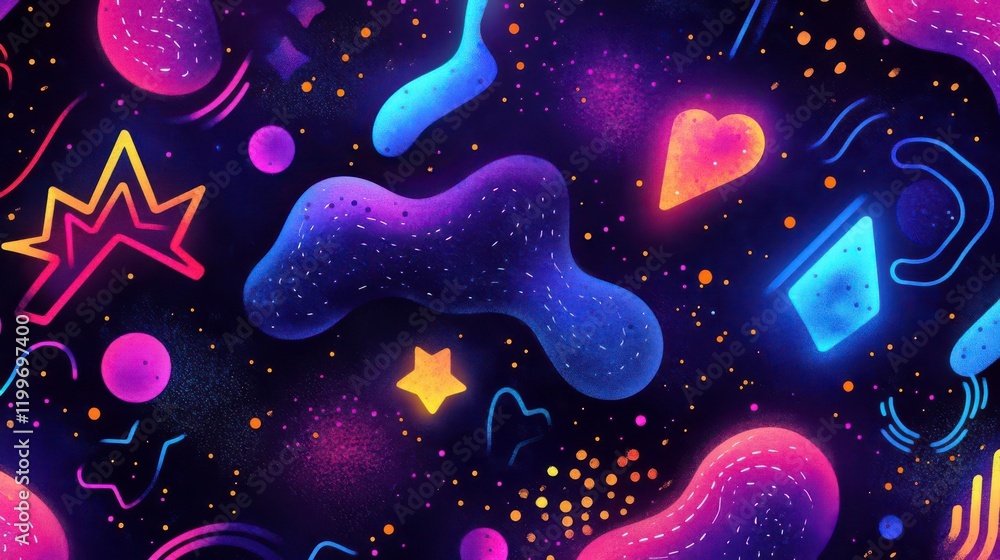 Poster a vibrant, abstract design featuring neon shapes and colors against a dark background, creating a pl