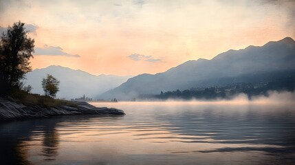 Fototapeta premium Serene Digital Painting of a Tranquil Lakeside Scene at Dawn with Soft Mist and Mountains